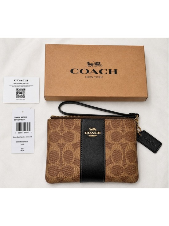 Coach Handbags - NWT Coach Corner Zip Wristlet Signature Canvas Tan Black Wallet Pouch